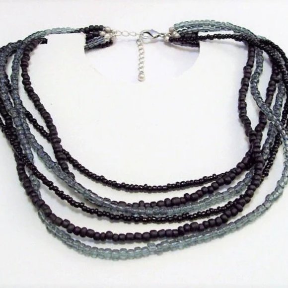 Black Grey Necklace Silver Tone Vintage Six Strand Seed Bead - Picture 3 of 5